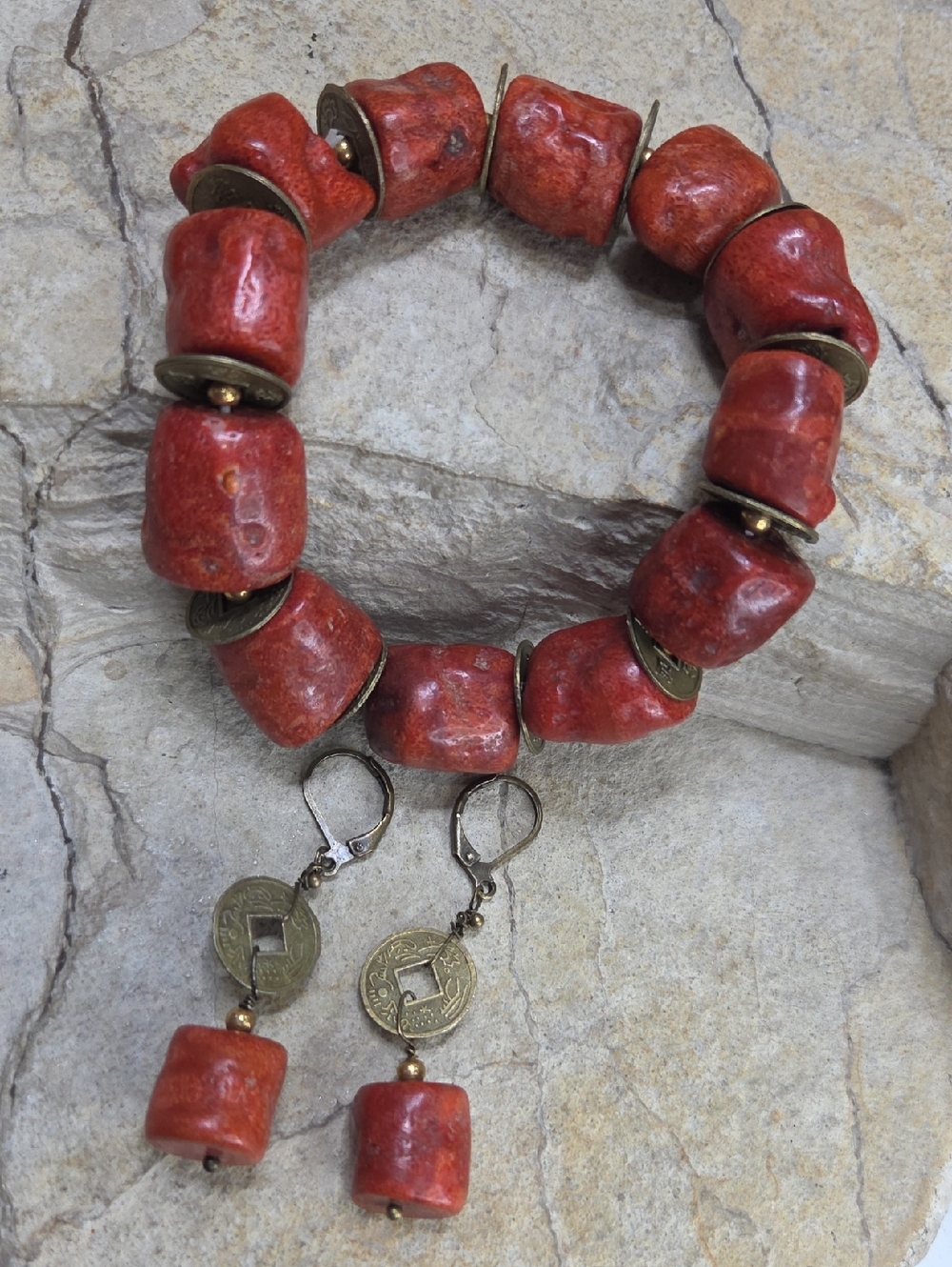 Red Natural Coral Beaded Bracelet and Earrings Set - Women Jewelry